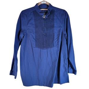 PERFECT BY Carson Kressley Blue Linen Blend Tuxedo Long Sleeve Shirt Women Sz S